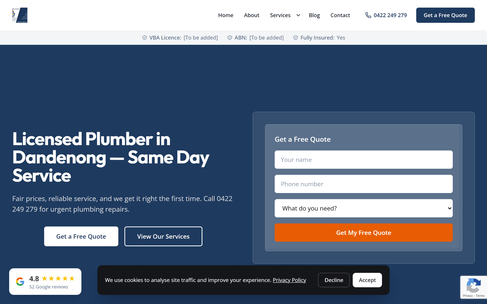 Ash Plumbing website screenshot