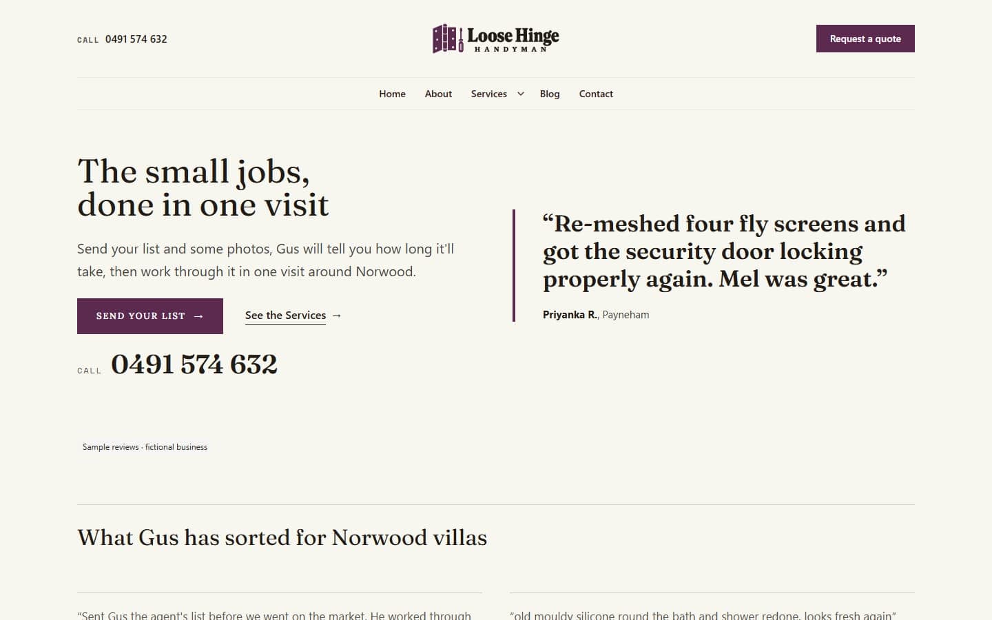 Loose Hinge Handyman, a fictional handyman sample site built by TradeDraft, desktop