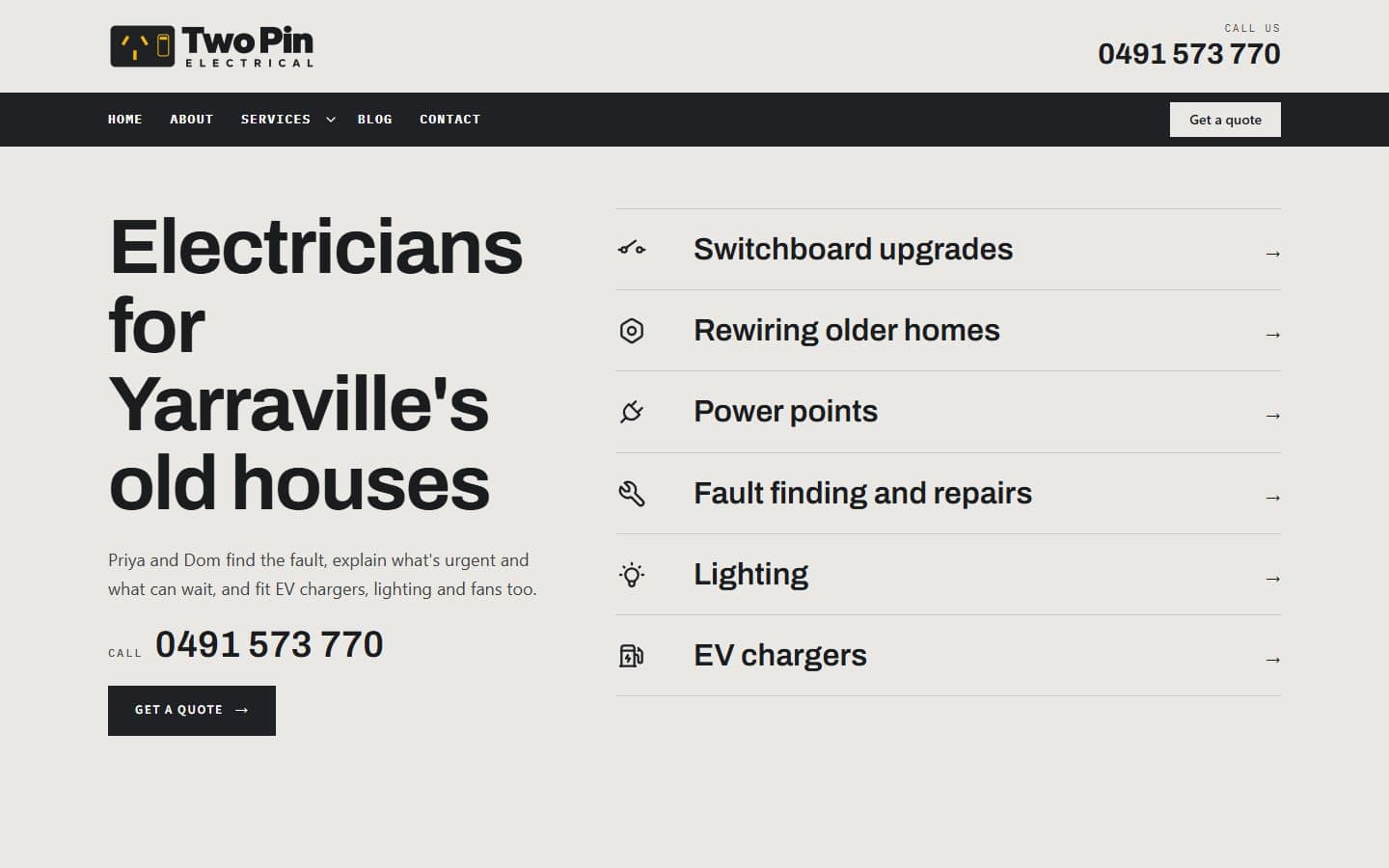Two Pin Electrical, a fictional electrician sample site built by TradeDraft, home page on a desktop