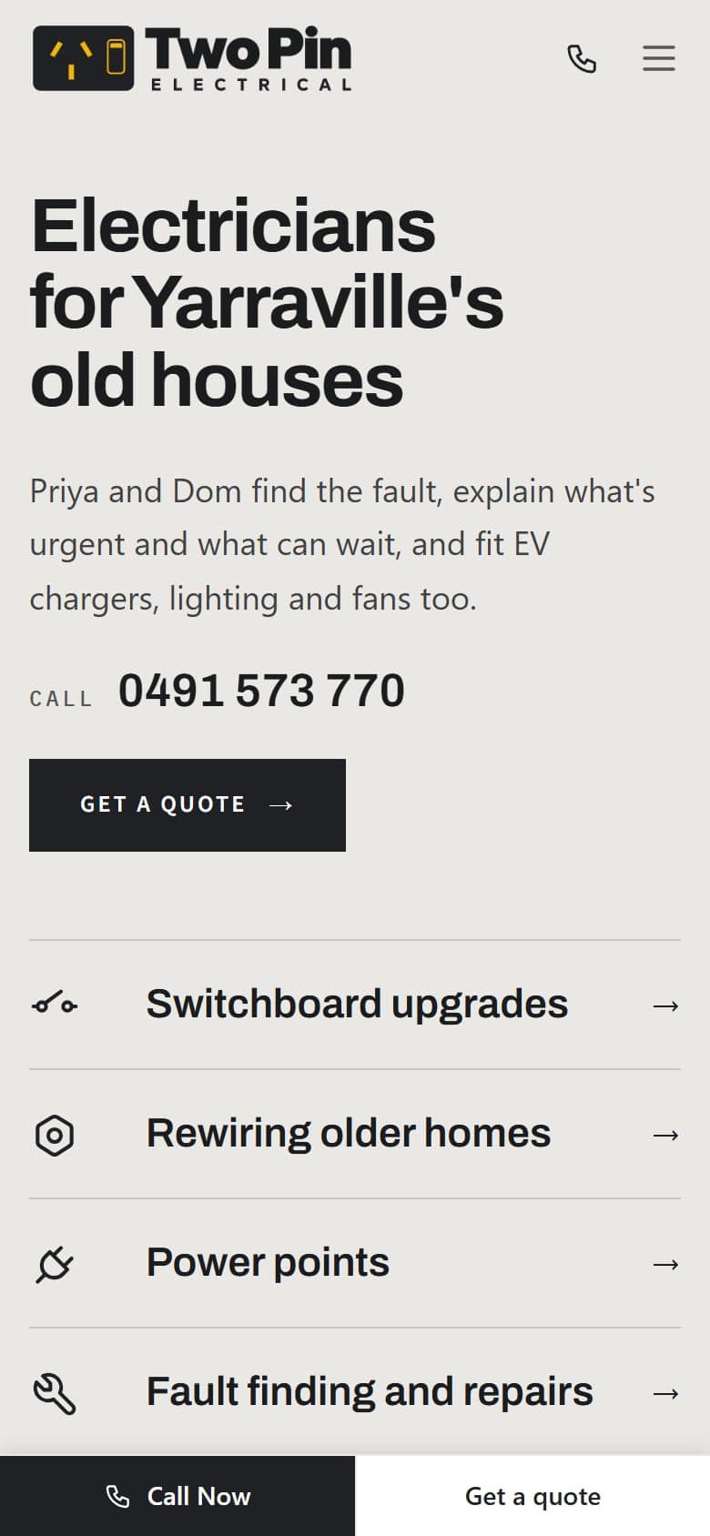 Two Pin Electrical, a fictional electrician sample site built by TradeDraft, home page on a phone