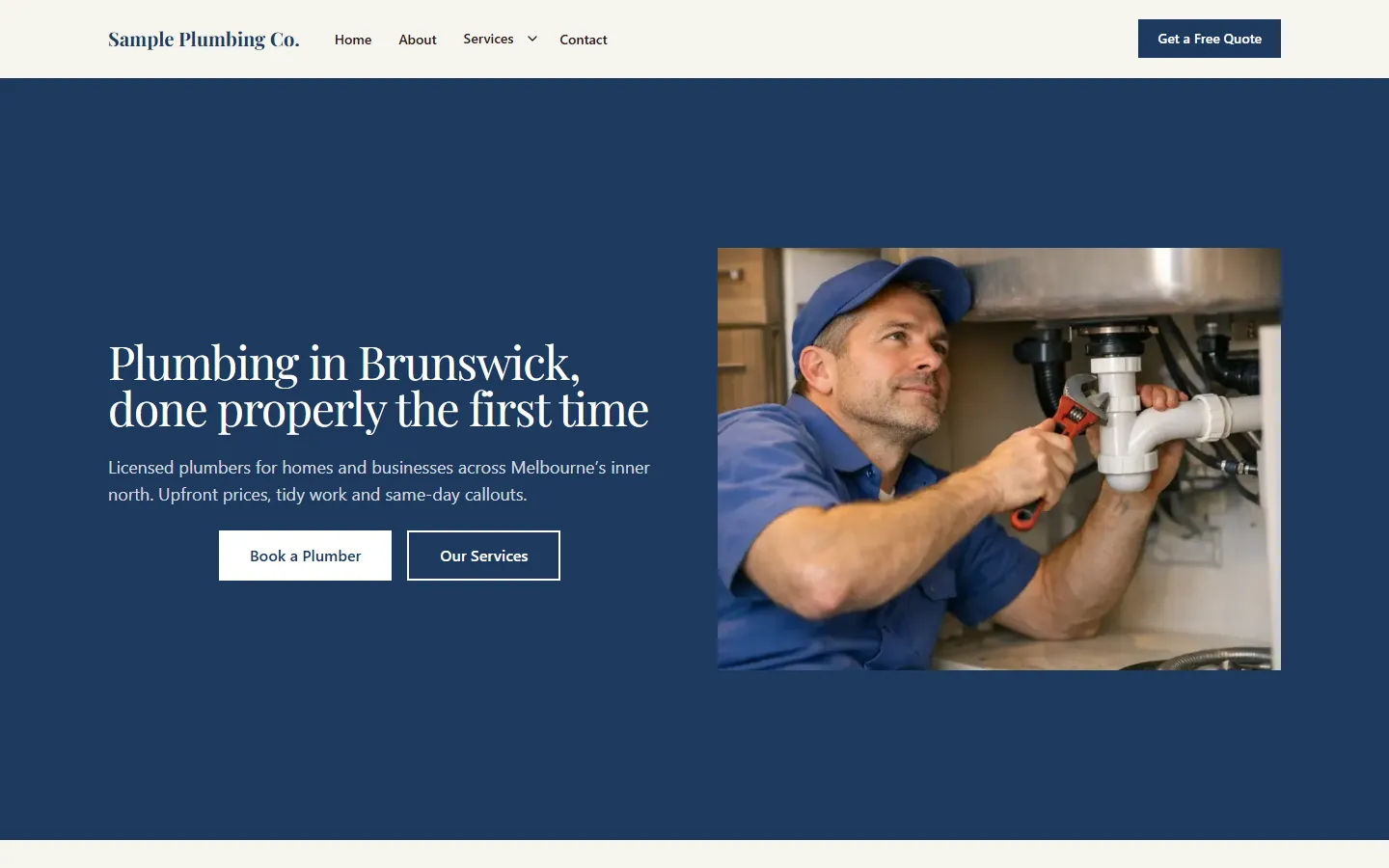 Sample Plumbing Co. demo site, desktop