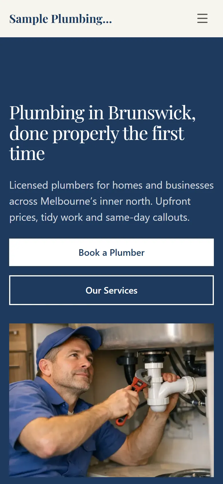 Sample Plumbing Co. demo site on a phone