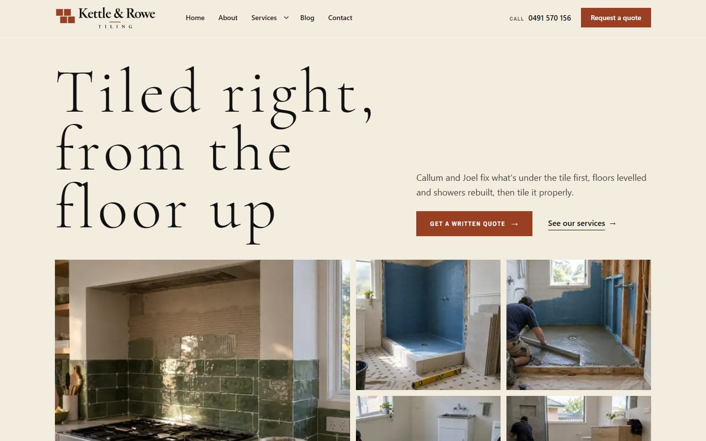Kettle & Rowe Tiling, a fictional tiler sample site built by TradeDraft, home page on a desktop
