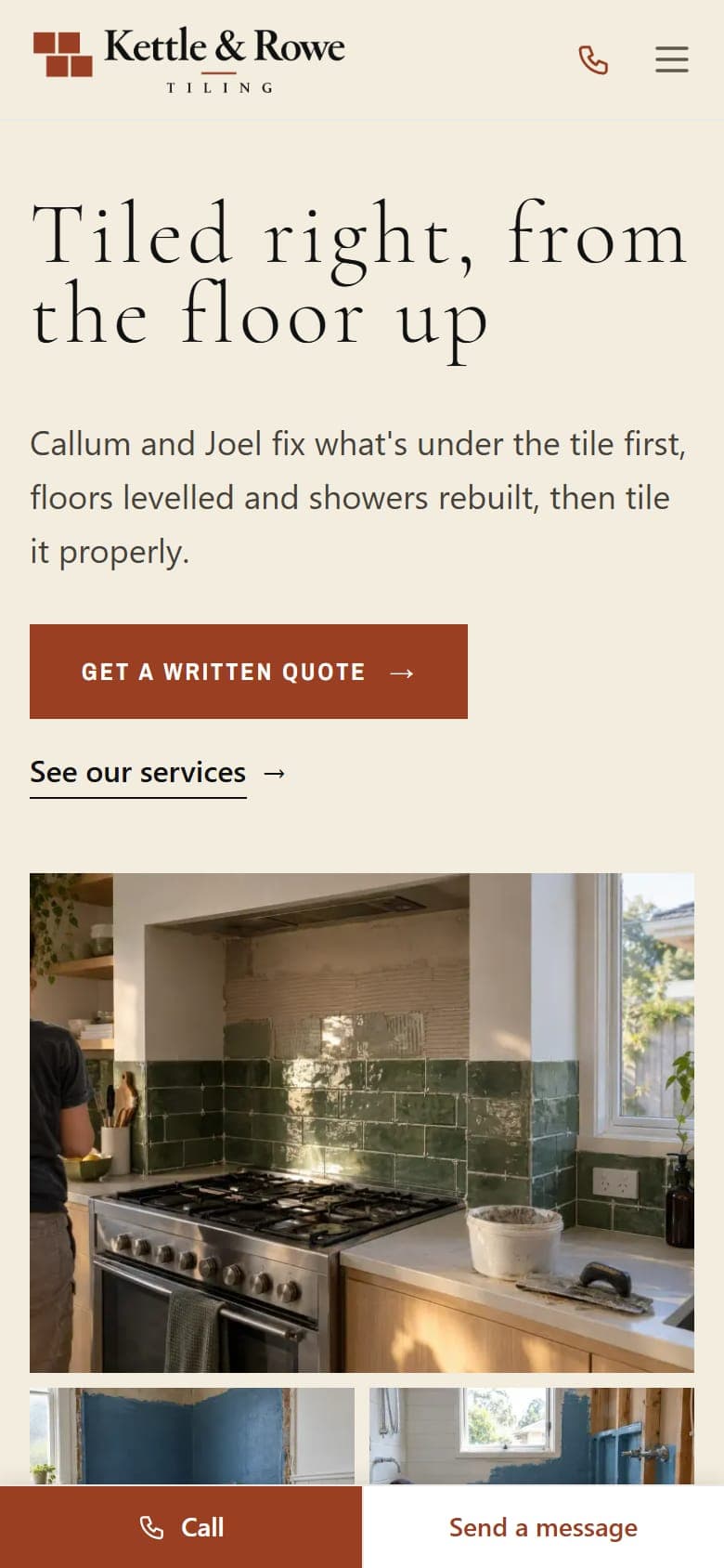 Kettle & Rowe Tiling, a fictional tiler sample site built by TradeDraft, home page on a phone
