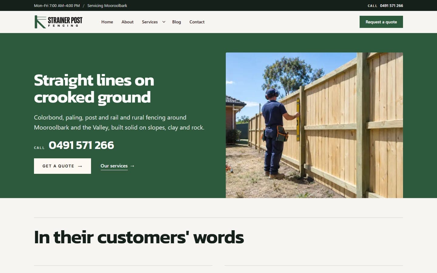Strainer Post Fencing, a fictional fencer sample site built by TradeDraft, home page on a desktop
