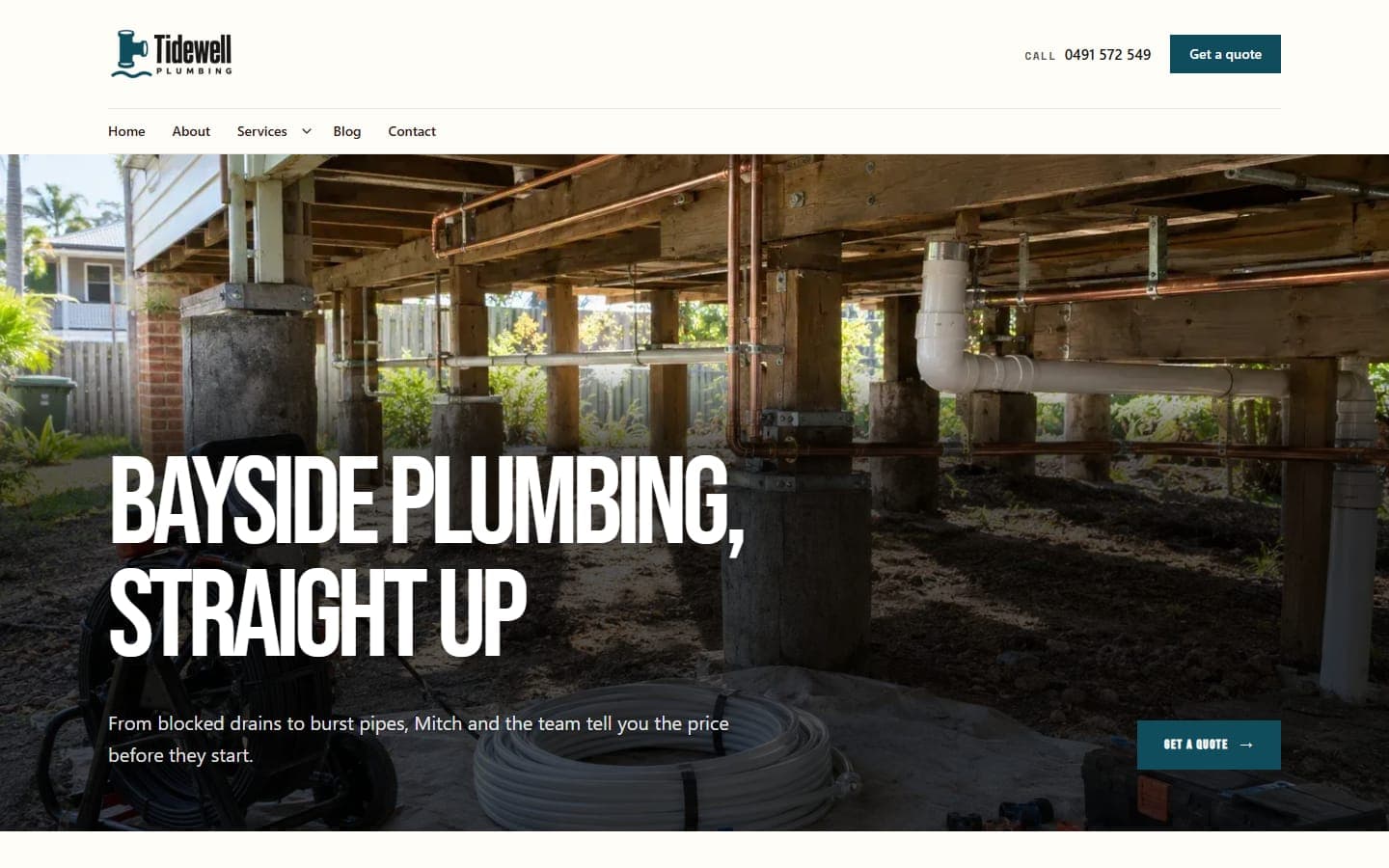 Tidewell Plumbing, a fictional plumber sample site built by TradeDraft, home page on a desktop