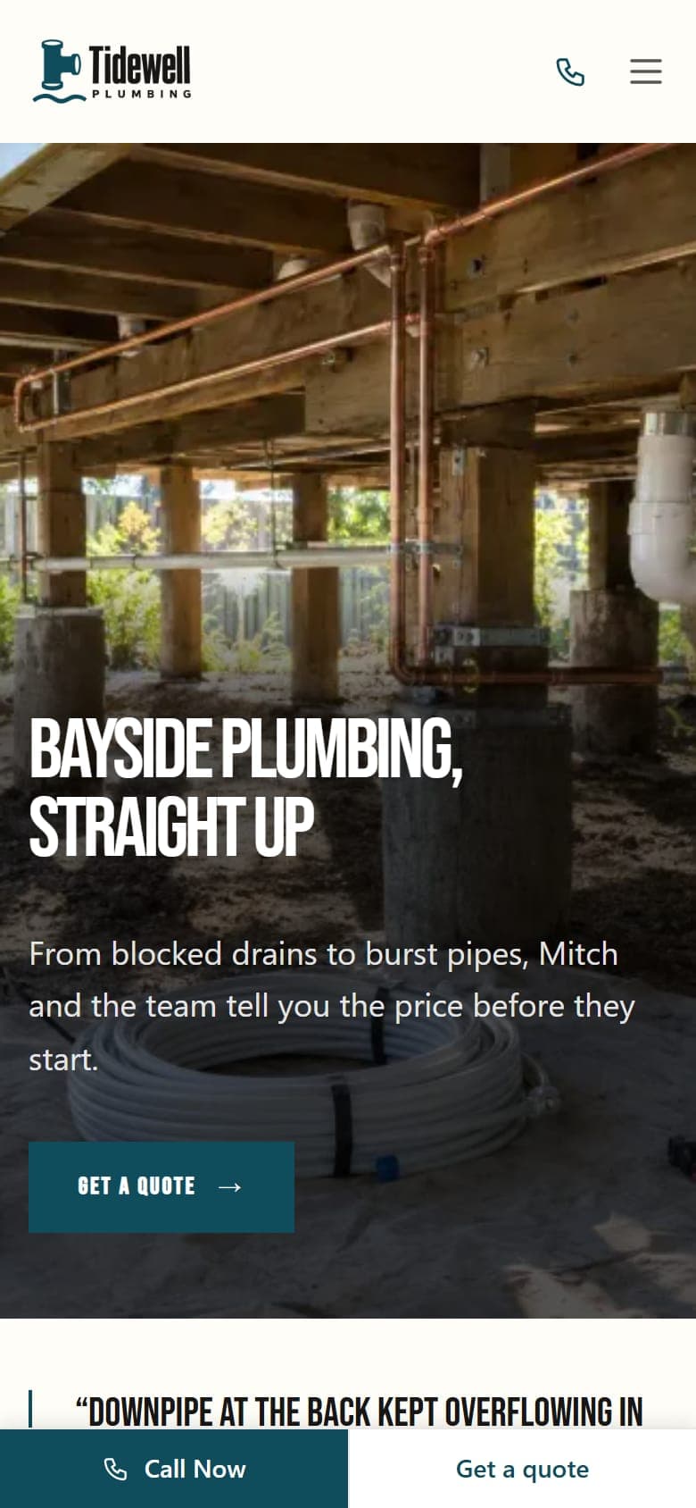 Tidewell Plumbing, a fictional plumber sample site built by TradeDraft, home page on a phone